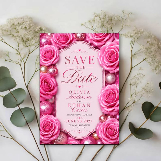 Save The Date Pink Glitter Rose Glamorous Floral  (Créateur téléchargé)