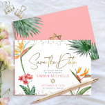 Save The Date Pink Gold Tropical Bat mitzvah Floral Palm Moderne<br><div class="desc">Assurez-vous que tous vos amis et parents pourront célébrer le Bat mitzvah de votre fille! Envoyez cette carte de faire-part chic et personnalisée "Save the Date". Des oiseaux d'aquarelle tropicaux, colorés et étonnants, des fleurs de paradis, un faux script manuscrit en or, l'étoile de David et des points de parties...</div>