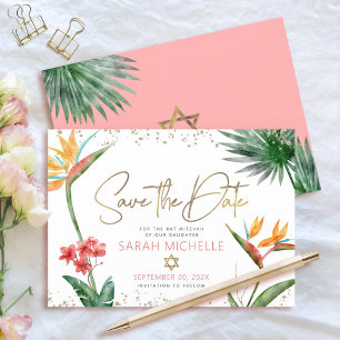 Save The Date Pink Gold Tropical Bat mitzvah Floral Palm Moderne