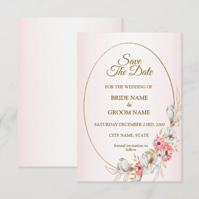 Save The Date Pink Golden Floral Geometric Peach Wedding (Devant / Derrière)