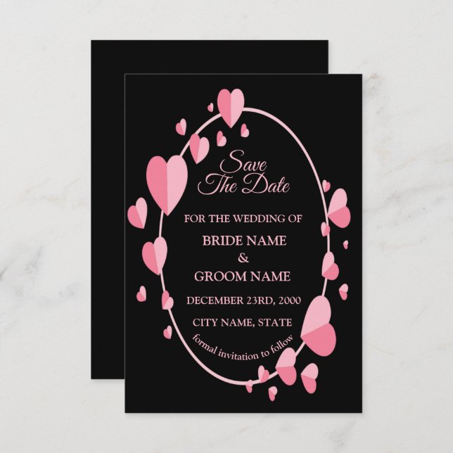 Save The Date Pink Heart Pattern Black Geometric Elegant Wedding (Devant / Derrière)