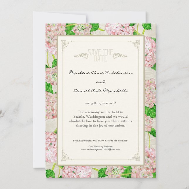 Save The Date Pink Hydrangea dentelle Floral Formal Élégant Mari (Devant)