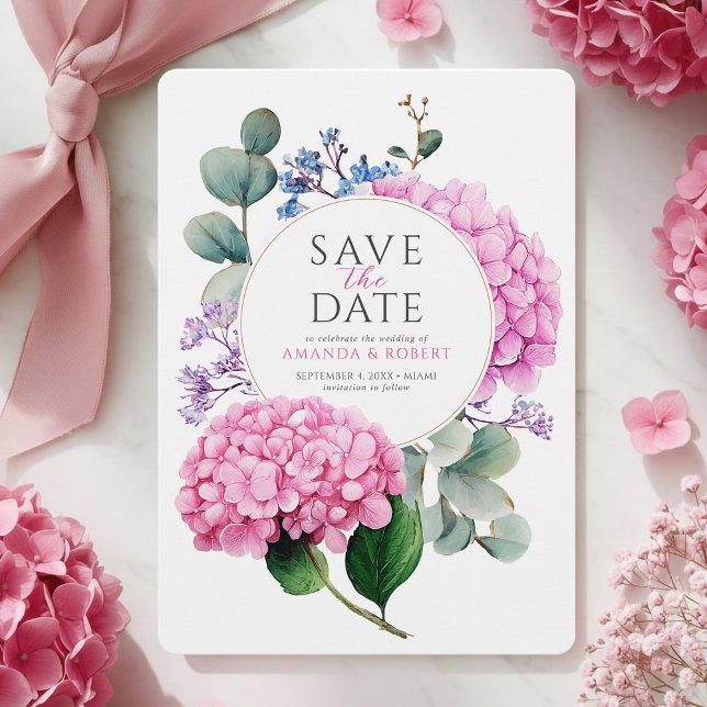 Save The Date Pink Hydrangea Flowers Watercolor Elegant Wedding (Pink Hydrangea Flowers Watercolor Elegant Wedding Save The Date)