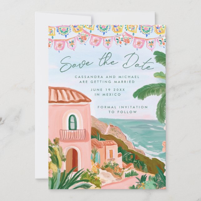 Save The Date Pink Mexican Beach Town Destination Wedding (Devant)