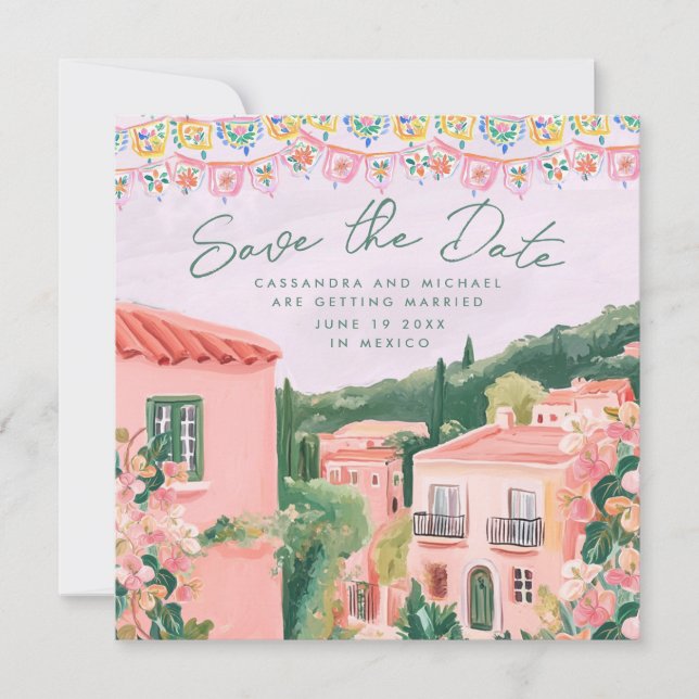 Save The Date Pink Mexican Town Destination Wedding (Devant)