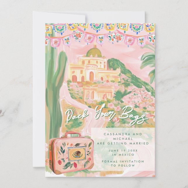 Save The Date Pink Mexican Town Destination Wedding (Devant)