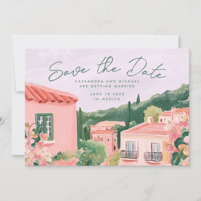 Save The Date Pink Mexican Town Destination Wedding (Devant)