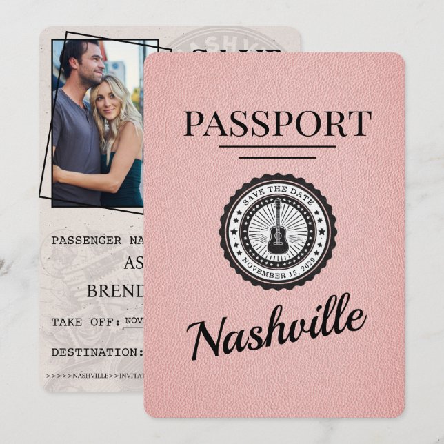 Save The Date Pink Nashville Passport Enregistrer La Date (Devant / Derrière)