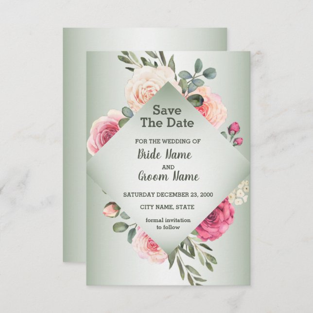 Save The Date Pink Peach Roses Rustic Green Geometric (Devant / Derrière)
