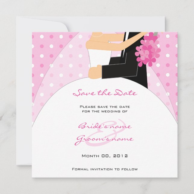 Save The Date Pink Polka Dot Bride et Groom Enregistrer les cart (Devant)