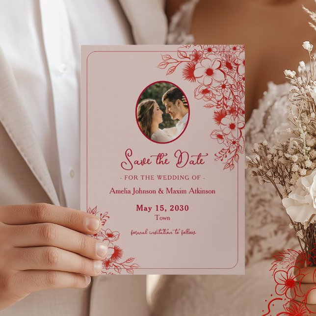 Save The Date Pink Red Floral Photo (Créateur téléchargé)