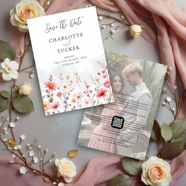 Save The Date Pink Shades Spring-Inspired Rustic Boho Romantic (Pink Shades Spring-Inspired Rustic Boho Romantic Wildflowers Wedding Save the Date Cards QR Code.)