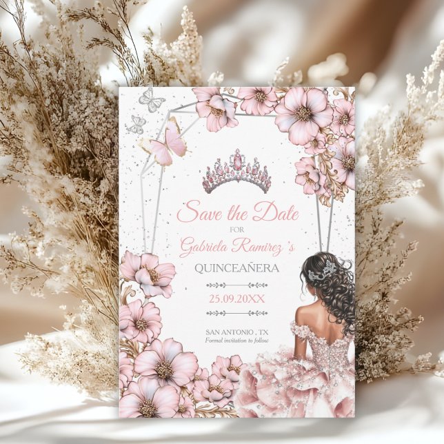 Save The Date Pink Silver Tiara Butterfly Quinceañera (Créateur téléchargé)