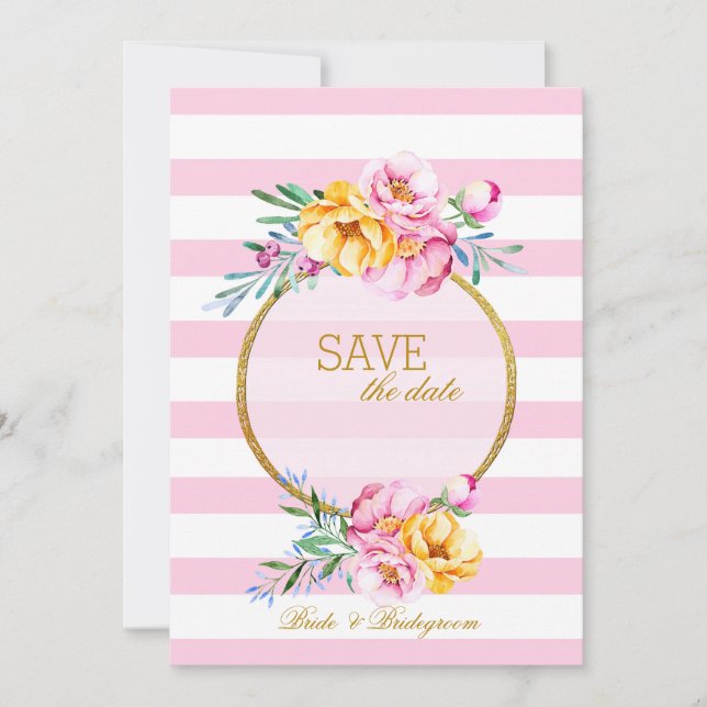 Save The Date Pink Stripes Gold Frame Flower Enregistrer la date (Devant)