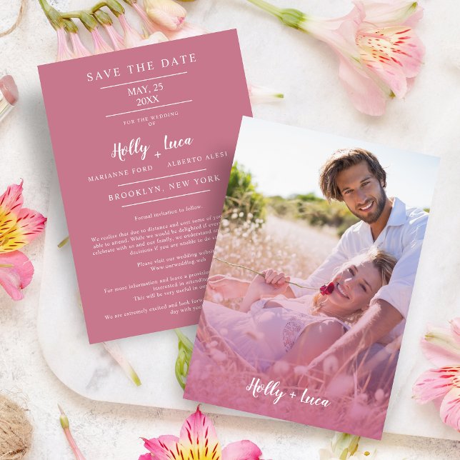 Save The Date Pink Trendy Transparency Effect Photo Couple (Créateur téléchargé)