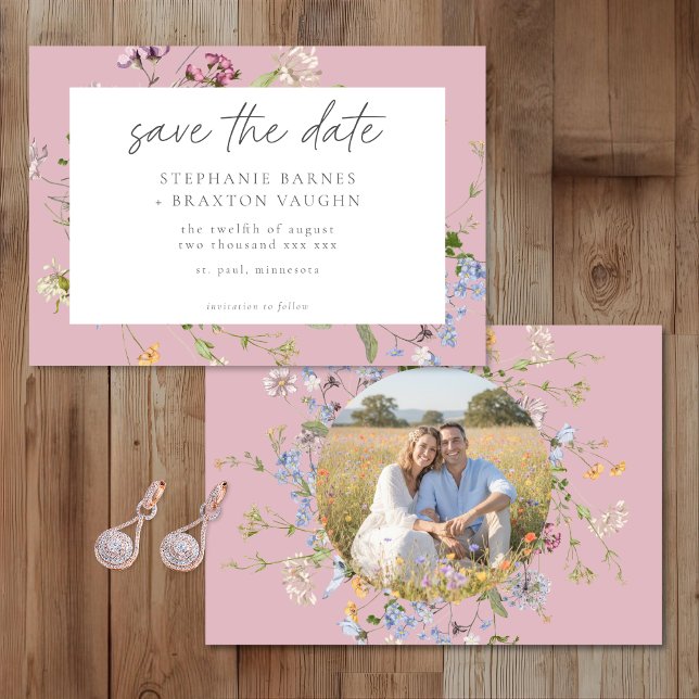 Save The Date Pink Wildflower Garden Elegant Photo Wedding (Créateur téléchargé)