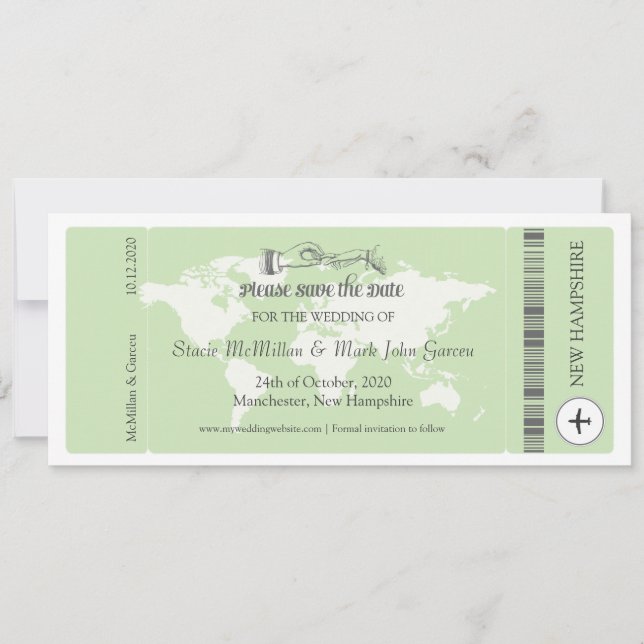 Save The Date Pistachio Green Boarding Pass Enregistrer la date (Devant)