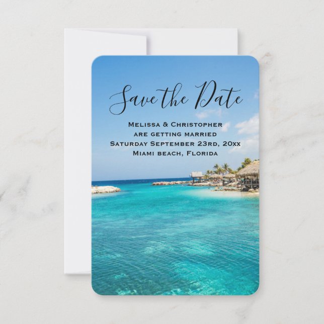 Save The Date Pittoresque plage tropicale avec Mariage de paillo (Devant)