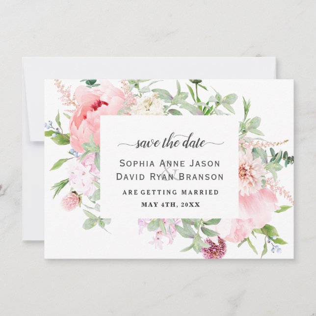 Save The Date Pivoines Rose Blush Fleurir Mariage Calligraphie (Devant)