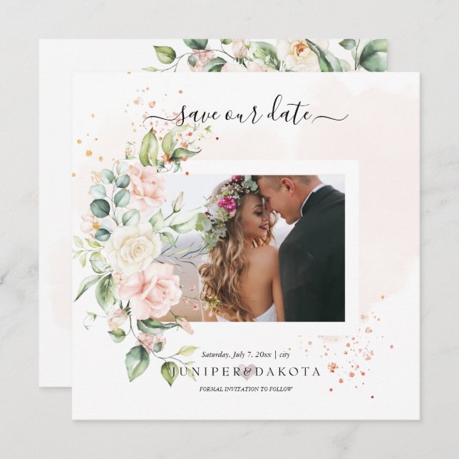 Save The Date PixDezines Aquarelle Blush Cream Roses Enregistrer (Devant / Derrière)