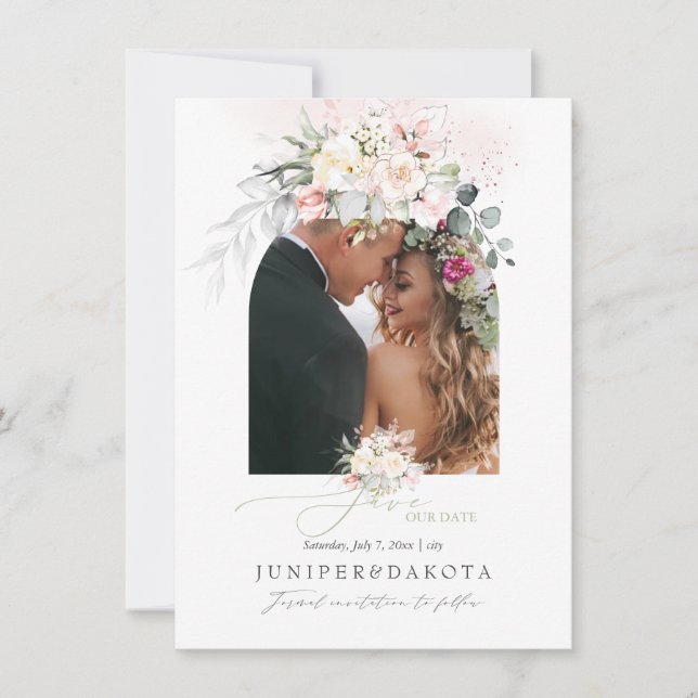 Save The Date PixDezines Aquarelle Crème Bleu Roses Enregistrer  (Devant)