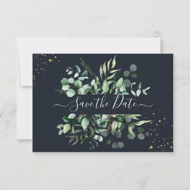 Save The Date PixDezines Eucalyptus rustique bleu marine et or (Devant)