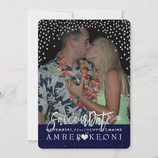 Save The Date PixDezines Faux Argent Confetti/Coeur/Date de sauv (Devant)