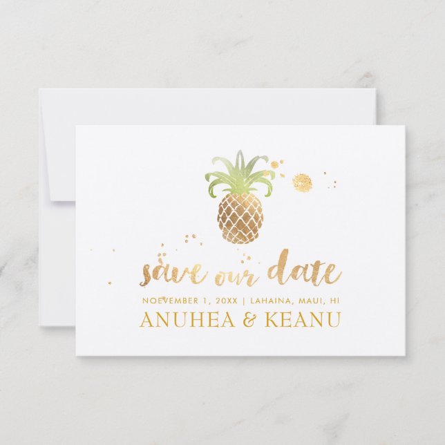 Save The Date PixDezines Faux Gold Pineapple|police Brushscript (Devant)