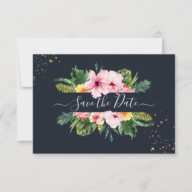 Save The Date PixDezines Floral Tropical & Feuillage DIY Navy (Devant)