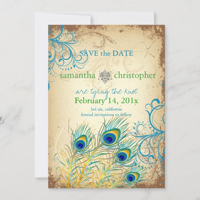 Save The Date PixDezines paon turquoise vintage (Devant)