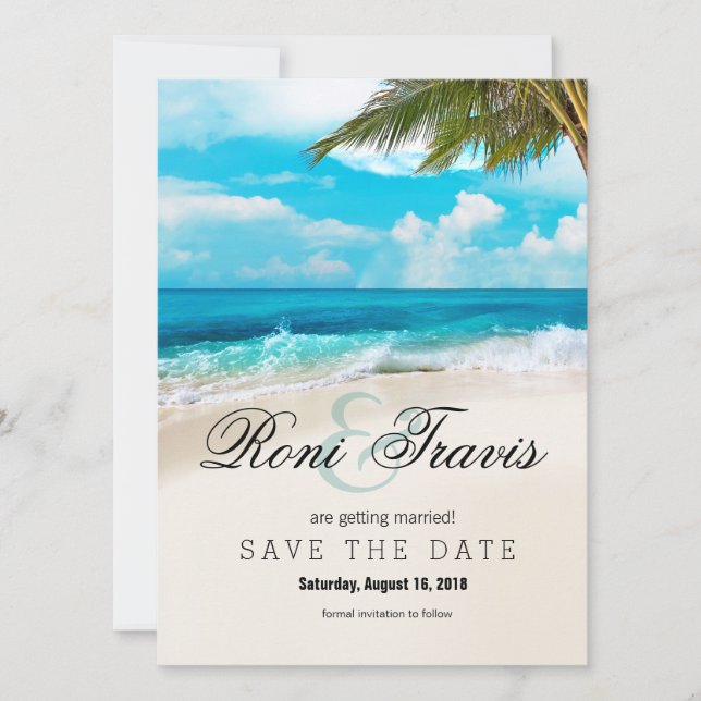 Save The Date Plage aux Sables Blancs Palmier Faire Part de Date (Devant)