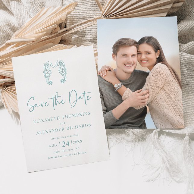 Save The Date Plage côtière de Seahorse Aqua Mariage bleu (Créateur téléchargé)