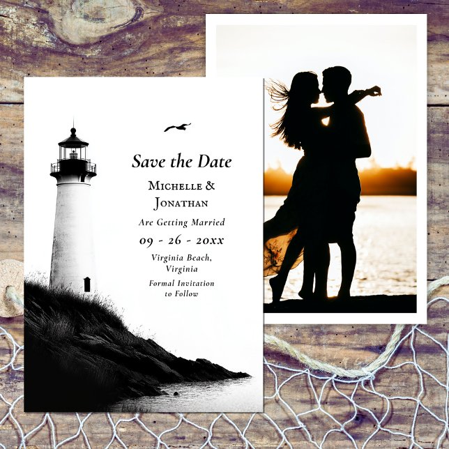 Save The Date Plage côtière Phare nautique Mariage photo (Coastal Beach Nautical Lighthouse Photo Wedding Save The Date)