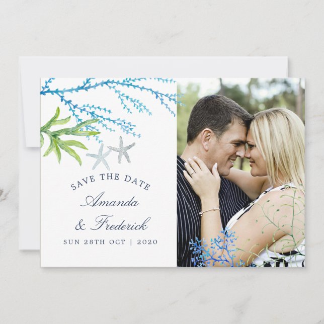 Save The Date Plage de mariage à l'aquarelle avec algues Épargne (Devant)
