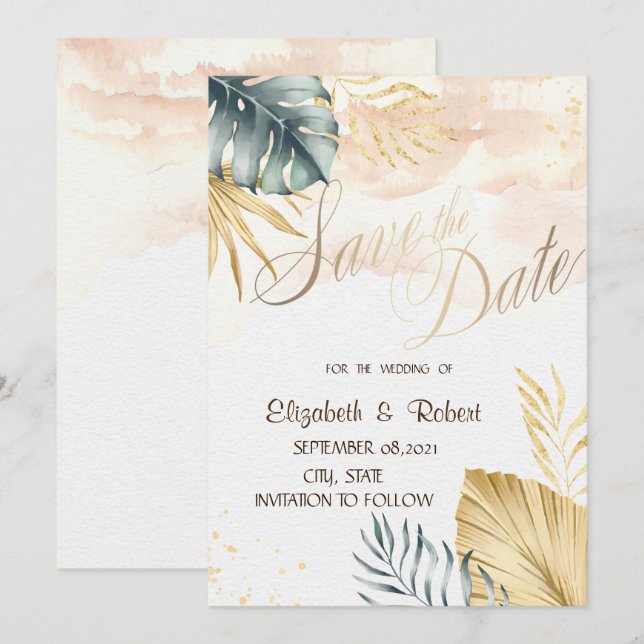 Save The Date Plage de mariage aux feuilles de palmier, Enregist (Devant / Derrière)