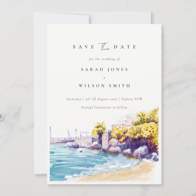 Save The Date Plage de sable côtier chic paysage marin rocheux a (Devant)