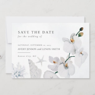 Save The Date Plage d'orchidée blanche Dusty Blue Seashell
