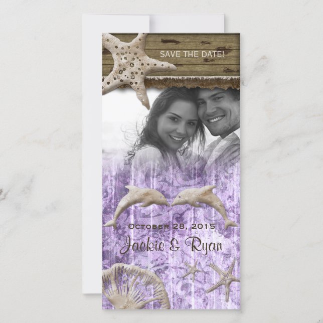 Save The Date Plage Mariage Photocard Dolphins Purple Shells (Devant)
