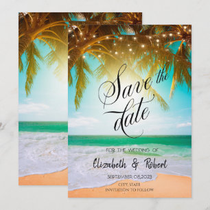 Save The Date Plage, Palmier, Soleil, Guirlande Lumineuse Écritu