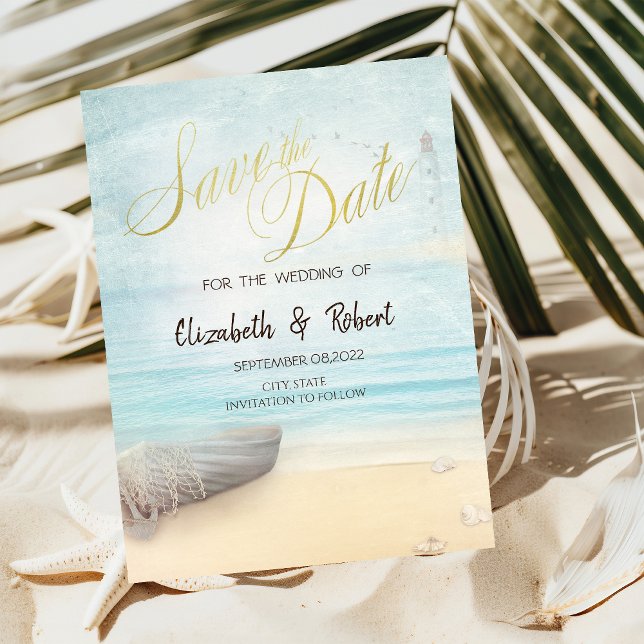 Save The Date Plage Sable Bateau Phare Sauvegarder La Date (Créateur téléchargé)