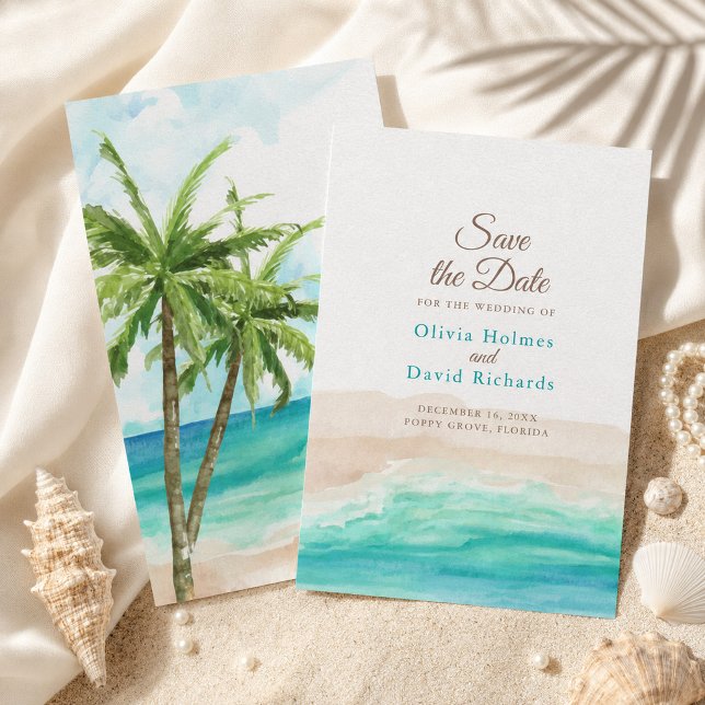 Save The Date Plage tropicale à l'aquarelle avec palmiers (Watercolor Tropical Beach with Palm Trees Save The Date)