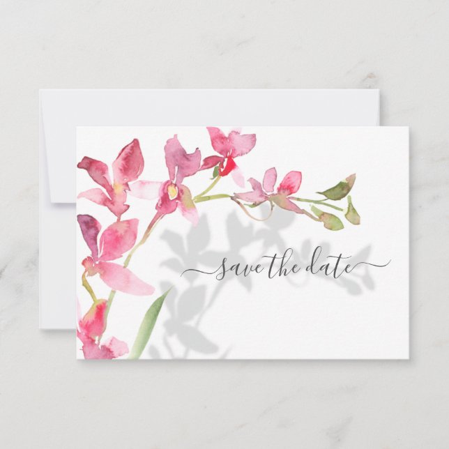 Save The Date Plage tropicale Orchidées roses avec ombres (Devant)