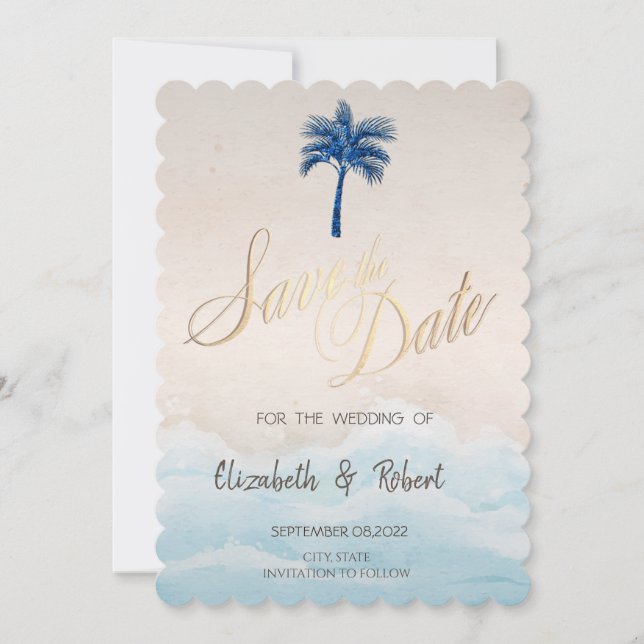 Save The Date Plage Tropicale Paillettes Palmier (Devant)