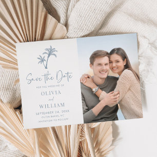 Save The Date Plage tropicale Palm Tree Dusty Blue Mariage Photo