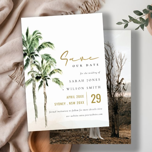 Save The Date Plage tropicale palmiers aquarelle photo de mariag (Créateur téléchargé)