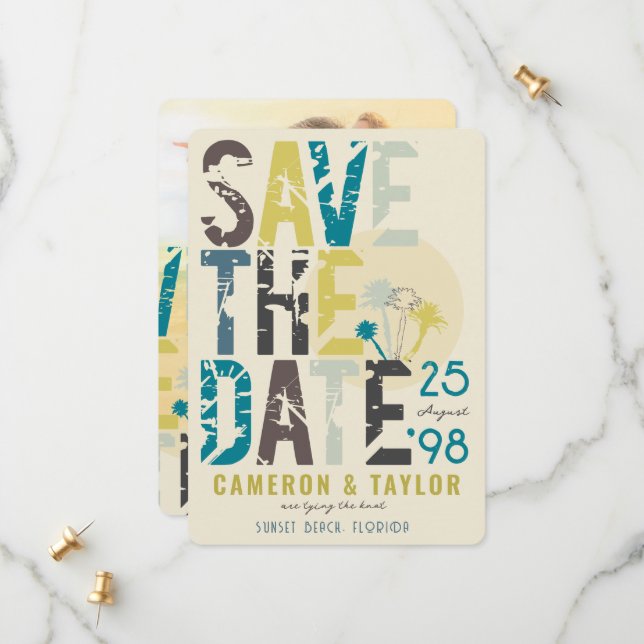 Save The Date Plage tropicale Palmiers bleus Grunge Texte Photo (Devant/Arrière en situation)