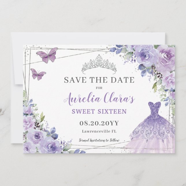 Save The Date Plante violette Lilac Floral Quinceanera Sweet six (Devant)