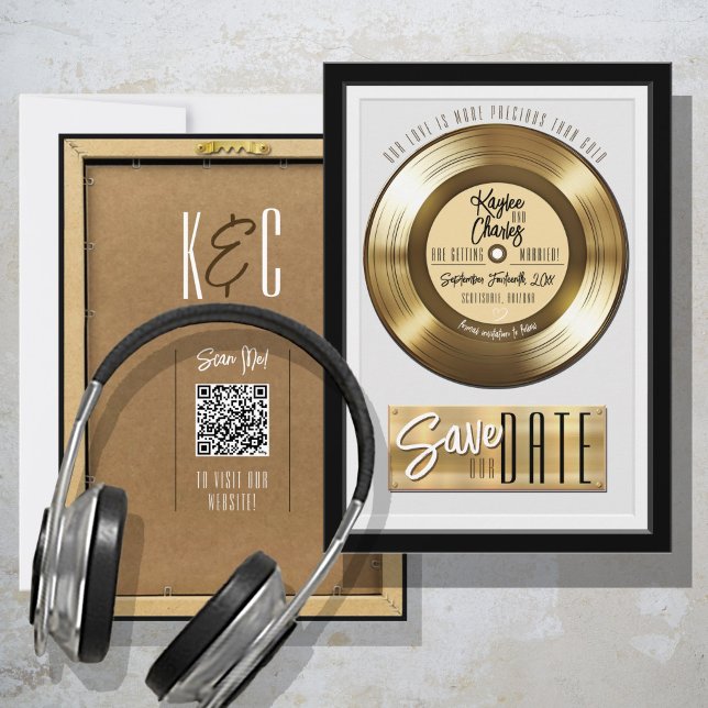 Save The Date Plaque de disque vinyle rétro or Cadeau de mariage (Unique Retro Solid Gold Vinyl Record Wall Plaque Cute music theme monogram wedding save the date QR)