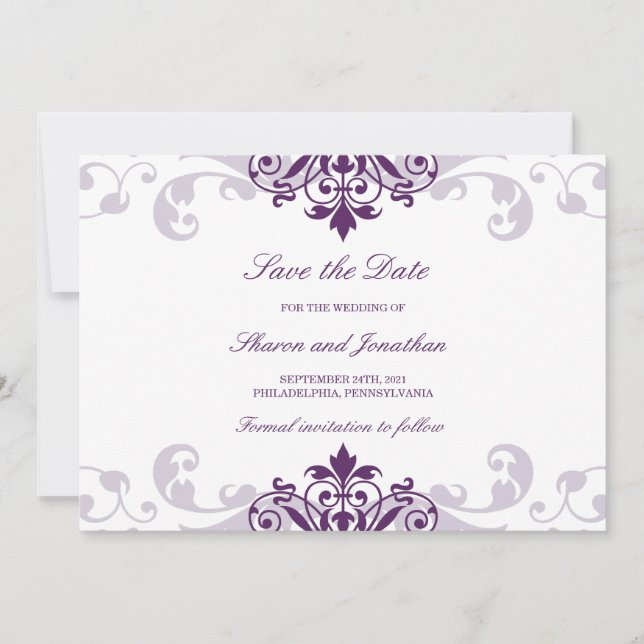 Save The Date Plum classique violet élégant Mariage de l'Ironwor (Devant)