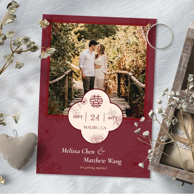Save The Date Plum Floral Mariage chinois Photo Enregistrer la d (Plum Floral Chinese Wedding Photo Save the Date)